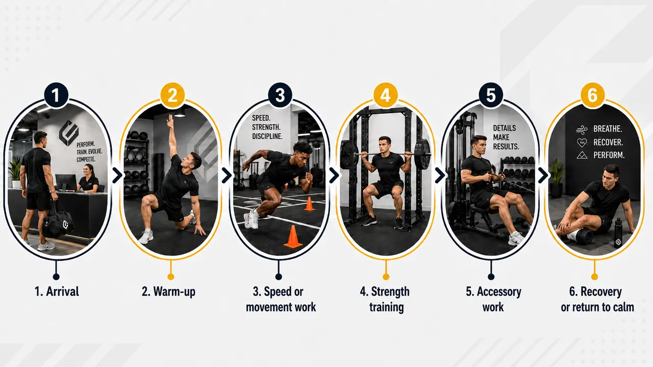Athletic training session flow — Entry, Warm-up and movement, Strength, Accessory work, Recovery