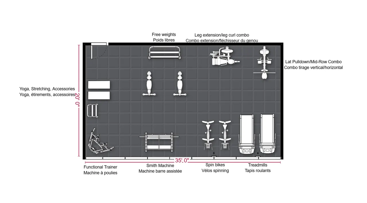 500 to 700 sq ft condo or hotel gym layout example