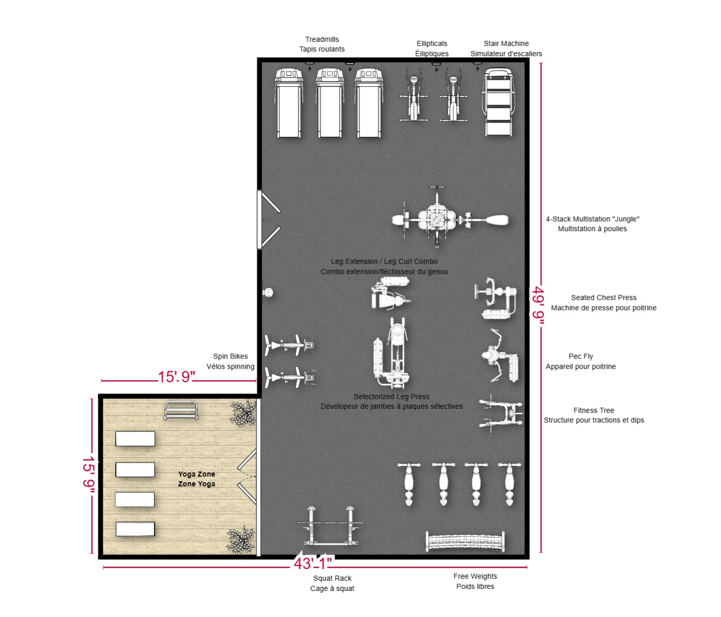 1,600+ sq ft condo or hotel gym layout example