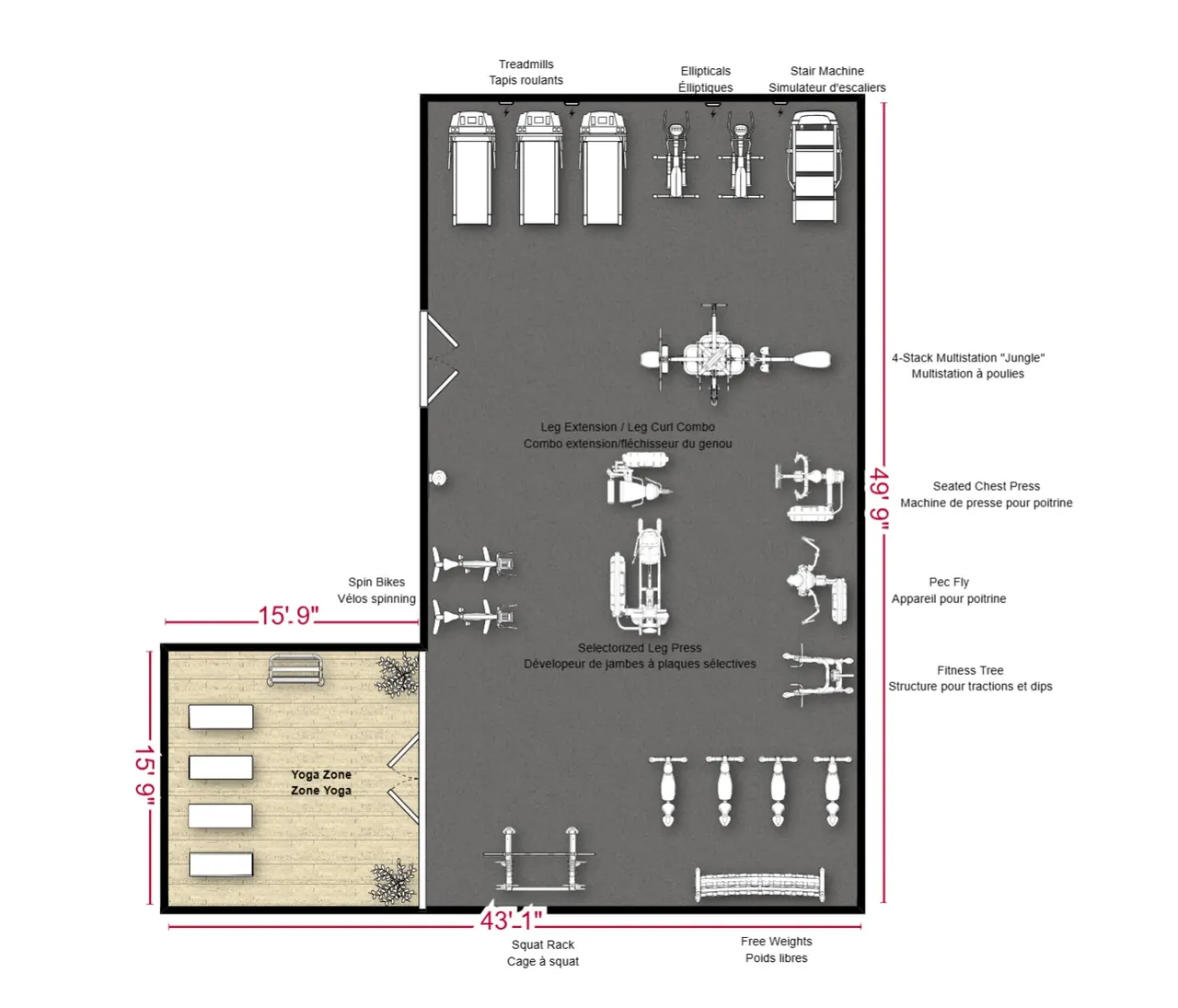 1,600+ sq ft condo or hotel gym layout example