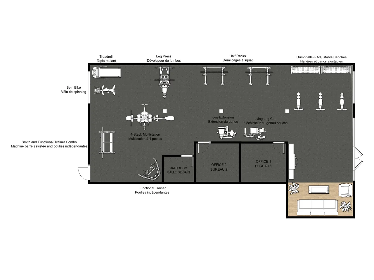 1,800 sq ft semi-private boutique gym layout example