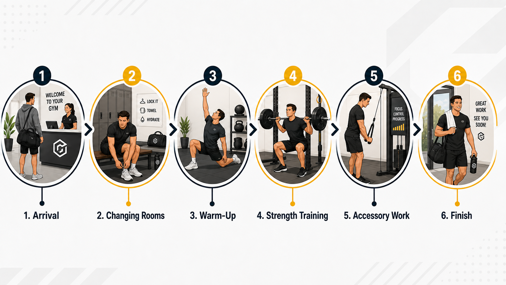 Commercial gym member flow — Arrival, Changing Rooms, Warm-Up, Strength Training, Accessory Work, Finish