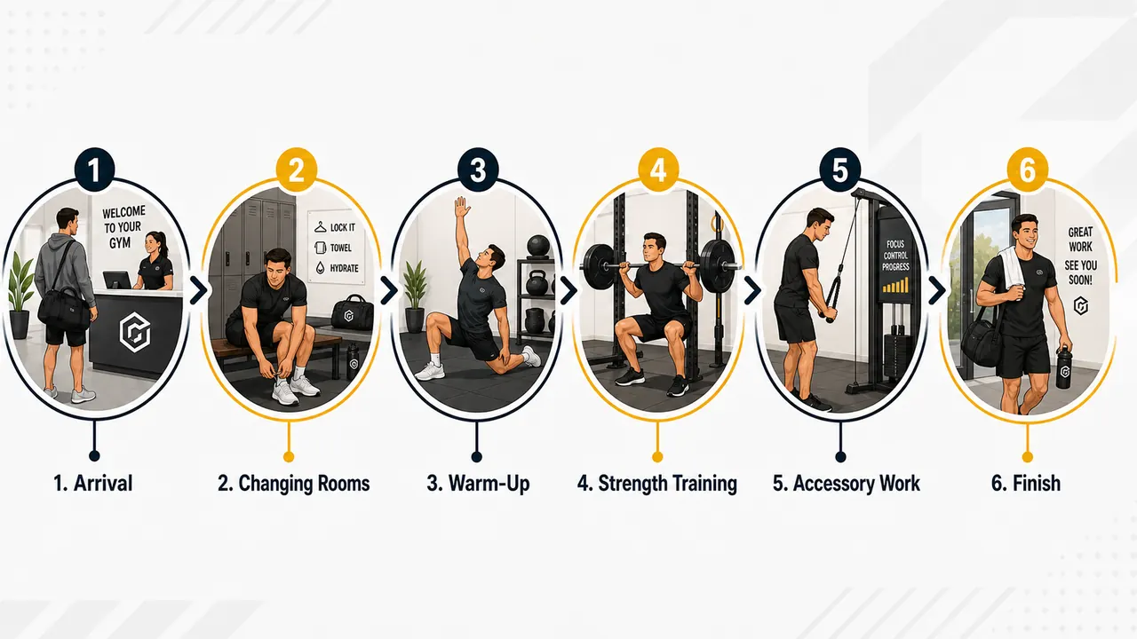 Commercial gym member flow — Arrival, Changing Rooms, Warm-Up, Strength Training, Accessory Work, Finish